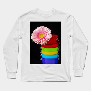 Pink Daisy In Colorful Buckets Long Sleeve T-Shirt